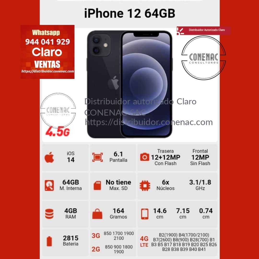 IPHONE 12 64GB – 128GB – 256GB (RAM 4GB) – Distribuidor Autorizado Claro  Peru