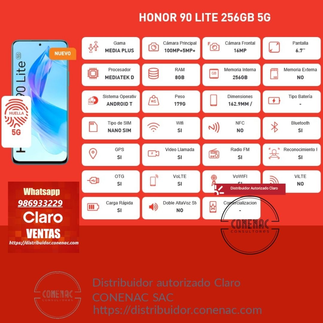 HONOR 90 LITE 256GB 5G (RAM 8GB) – Distribuidor Autorizado Claro Peru